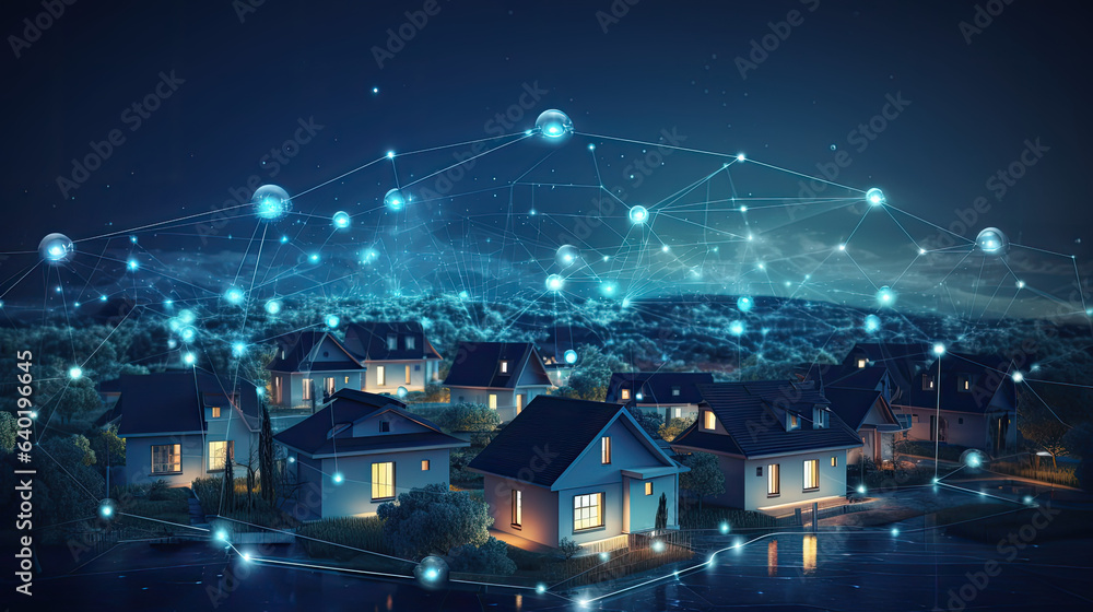 Digital community, smart homes and digital community. DX, Iot, digital network in society concept. suburban houses at night with data transactions. Hand edited, Generative Ai