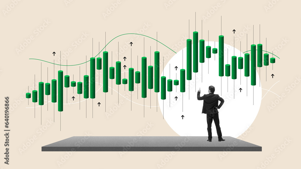 Businessman attentively looking on business graphs, financial analytics and trading activity. Brainstorming. Contemporary art collage. Concept of business, office, innovations, achievement Businessman attentively looking on business graphs, financial analytics and trading activity. Brainstorming. Contemporary art collage. Concept of business, office, innovations, achievement
