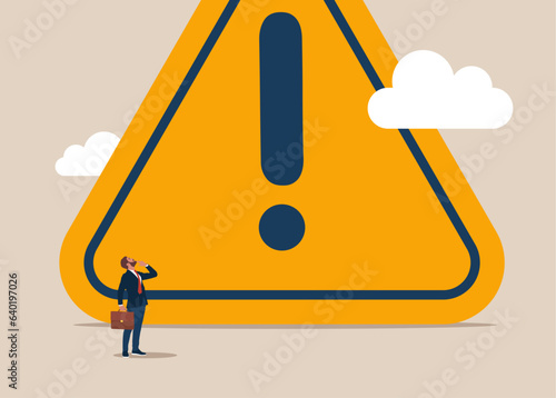Smart entrepreneur thinking with big incident with exclamation attention sign. Solving problem, identify risk or critical failure concept. Flat vector illustration