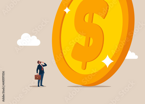 Businessman look high at big golden dollar coin. Dollar price soaring sky high hit new high record concept. Flat vector illustration