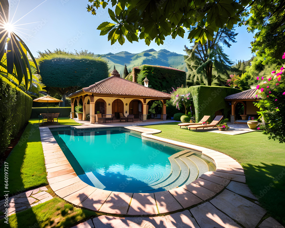 amazing historic italian villa in a tropical garden - generative ai