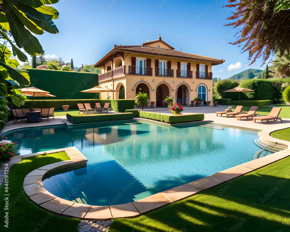 amazing historic italian villa in a tropical garden - generative ai