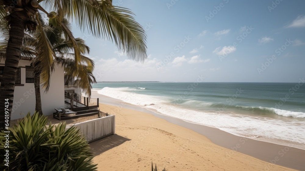 realistic photo of a beach with villa and palms