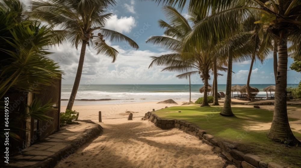 realistic photo of a beach with villa and palms