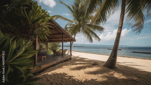 realistic photo of a beach with villa and palms