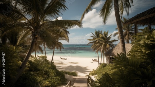 realistic photo of a beach with villa and palms © ZEKINDIGITAL
