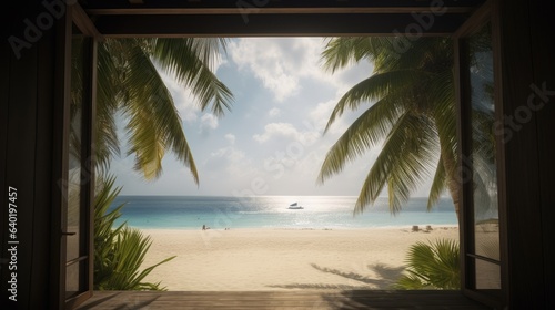 realistic photo of a beach with villa and palms