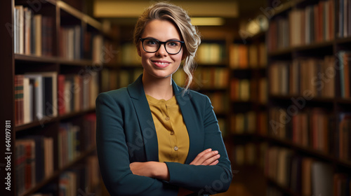 Middle age librarian or college teacher standing in library in front of book shelfes