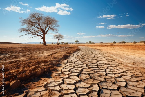 Earth day concept. Dry desert landscape with big dry tree in a cracked ground. Global warming concept. water shortage problem