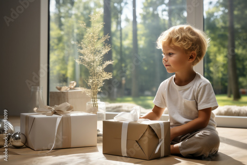 Little boy with gift boxes