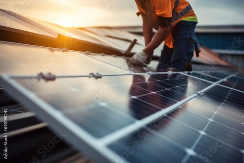 Close-up photovoltaic engineer installing eco-friendly solar panels on the roof of a residential house. Economic concept for power saving and saving.