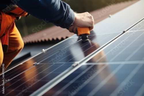 Close-up photovoltaic engineer installing eco-friendly solar panels on the roof of a residential house. Economic concept for power saving and saving.