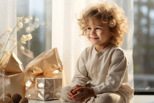 Adorable boy with gift box