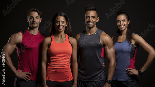 Group of athletic men and women stand together in the background of a gym © MP Studio