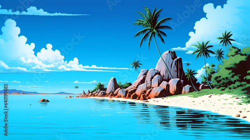 Illustration of a beautiful tropical island with a beach and palm trees