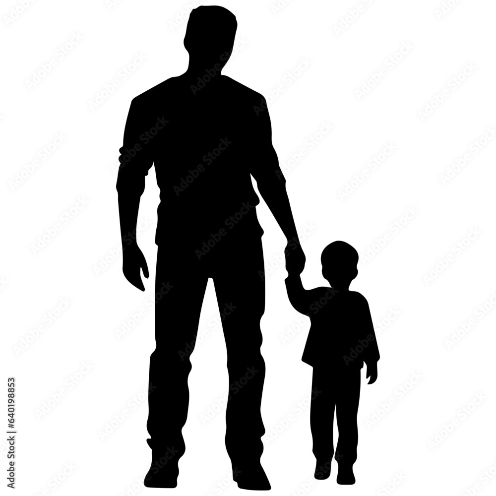 Father and son standing, silhouette vector