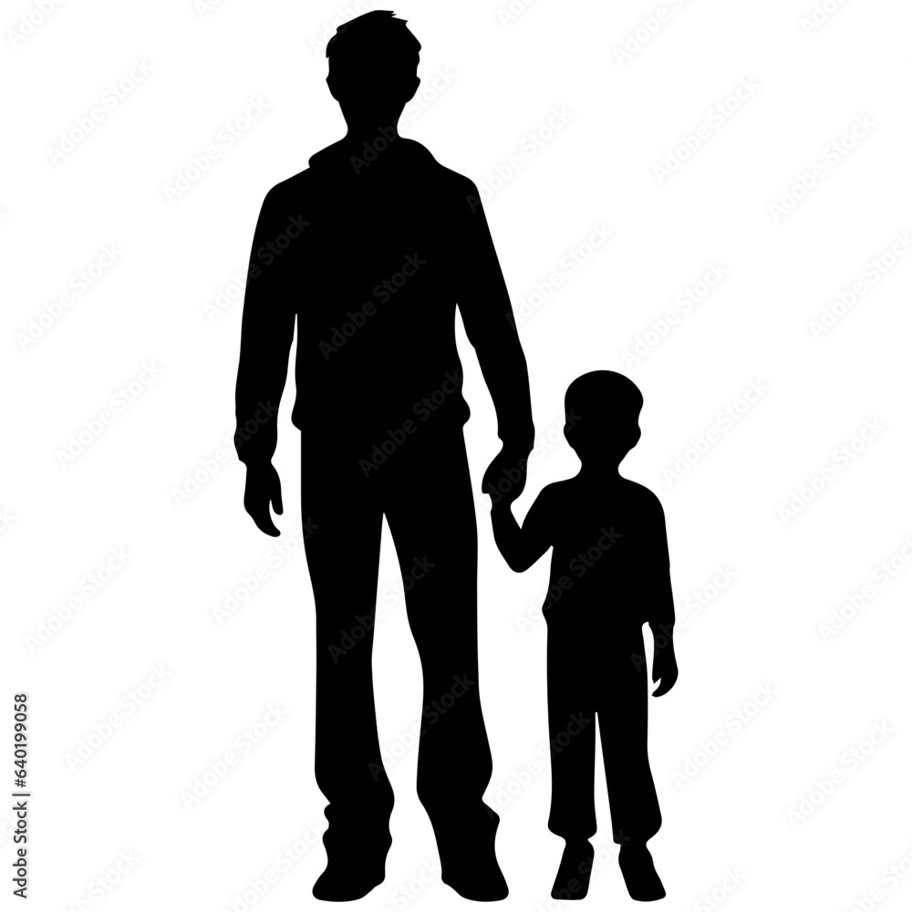 Father and son standing, silhouette vector
