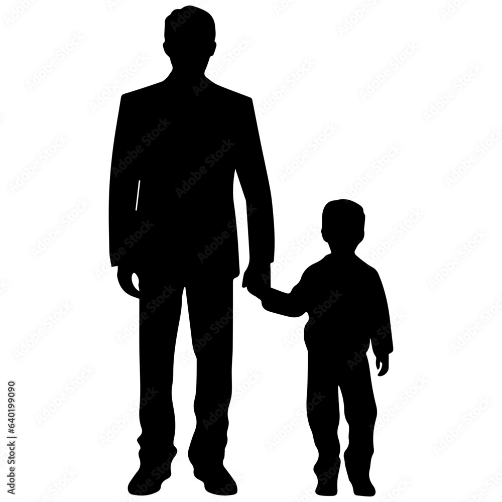 Father and son standing, silhouette vector