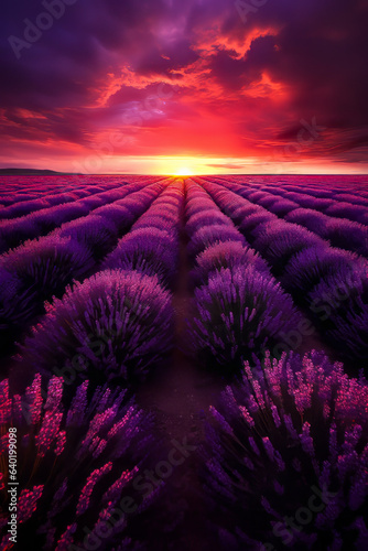 Field of lavender flowers with the sun setting in the background.
