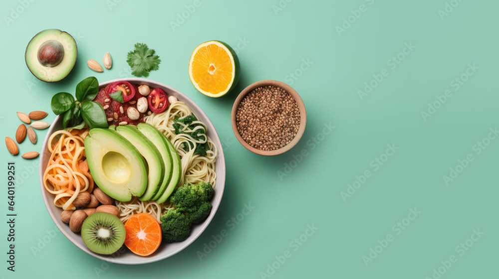 Plate with vegan food , fruits and vegetables Plate with vegan food , fruits and vegetables
