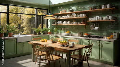 Generative ai illustration of empty green kitchen and design interior