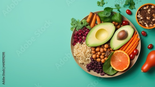 Plate with vegan food , fruits and vegetables photo