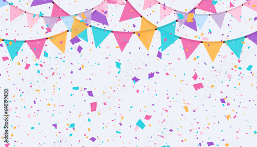 3D Confetti with Flag for Birthday, Holiday, Party, Festival. Pattern Colorful Confetti for Banner, Cover, Poster, Website, Placard, Advertising. Vector illustration