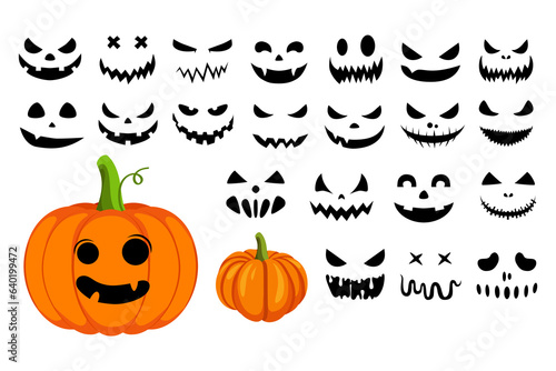 Halloween collection of pumpkin faces. Generator with empty pumpkins and scary faces. Vector cartoon set.
