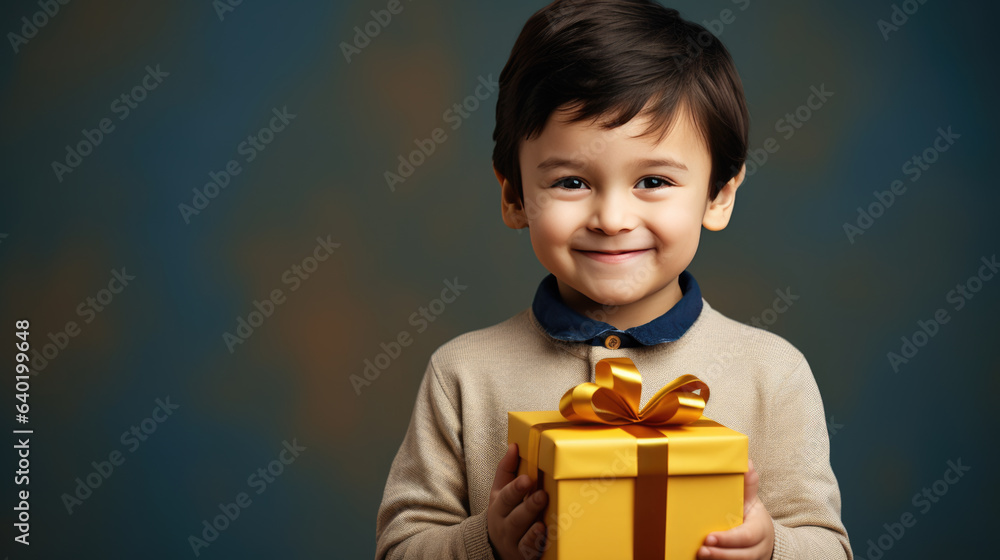 Happy smiling boy holding gift box on a colored background Happy smiling boy holding gift box on a colored background