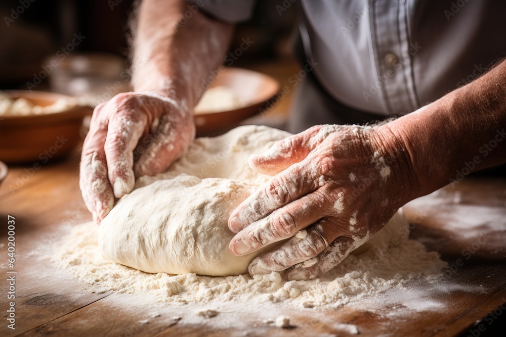 closeup of the hands of an elderly man making dough on a wooden tabletop