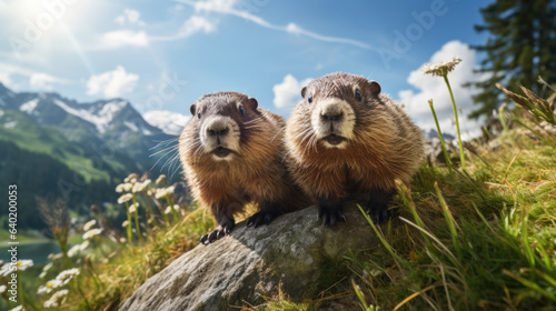 two cute brown marmots in the alps.