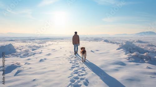 a man is hiking with his dog through a snowy landscape in winter.