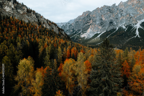 Aerial autumn view of lake Lago Ghedina, The Dolomites South Tyrol Italy photo