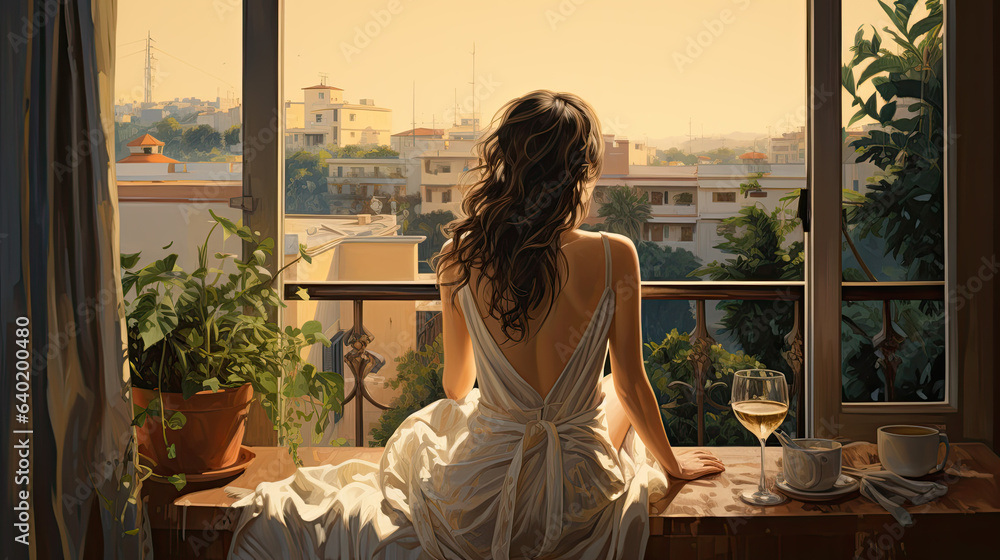 back view on a young pretty woman with a glass of wine next to her. back view on a young pretty woman with a glass of wine next to her.