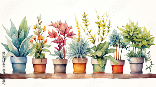 illustration of small plants in flowerpots isolated on white background.