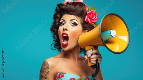Young woman in pinup style holding megaphone isolated on blue background