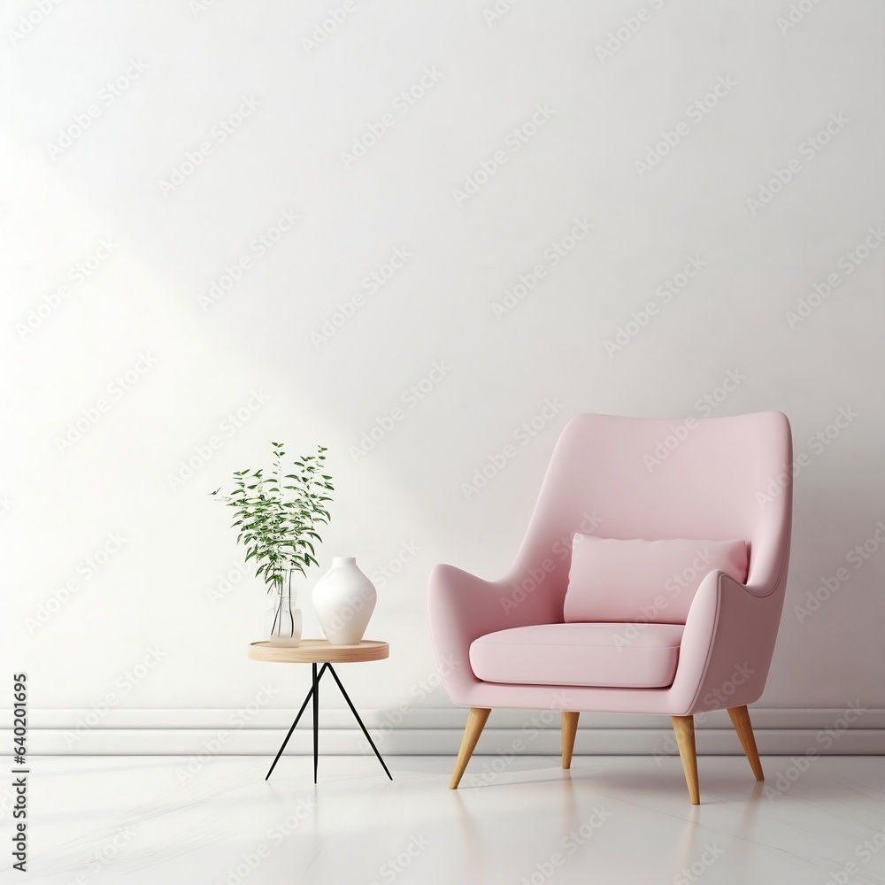 Fototapeta premium Wall mockup with Pink chair in a white room generative ai