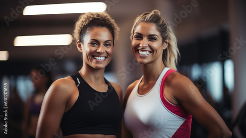 Portrait of young sports women on a group training in a gym © MP Studio