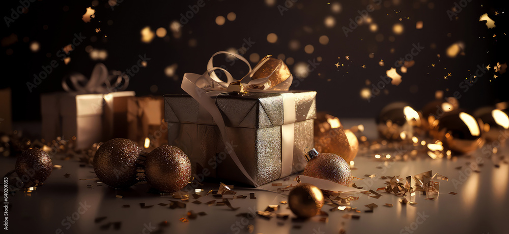 Elegant holidays composition with Christmas balls, gifts, lights, sparkles. New Year, Christmas background. Celebration greeting card, banner. Generative ai
