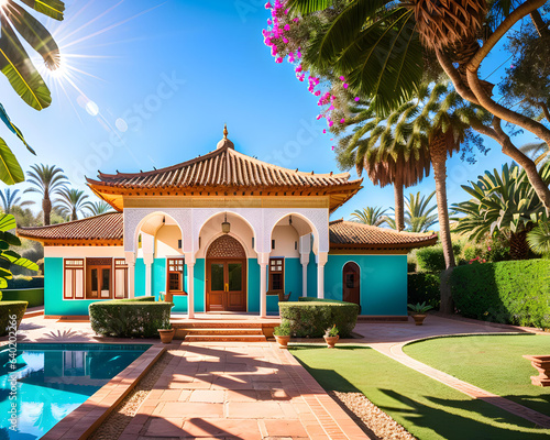 amazing eastern villa in a tropical garden - generative ai