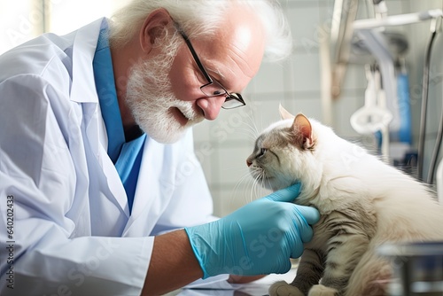 Senior man in veterinarian care of cat in clinic. Vet treats pet with medicine, injection, and examination.