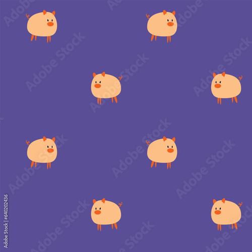 A pattern with a simple image of cute piglets on a purple background.