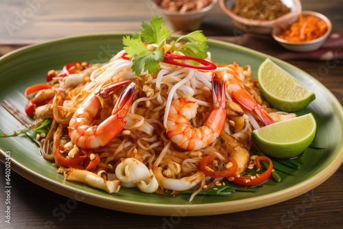 Pad Thai on wooden table. Thai shrimp noodles stir-fried with vegetables, garlic, lime, and peanuts.