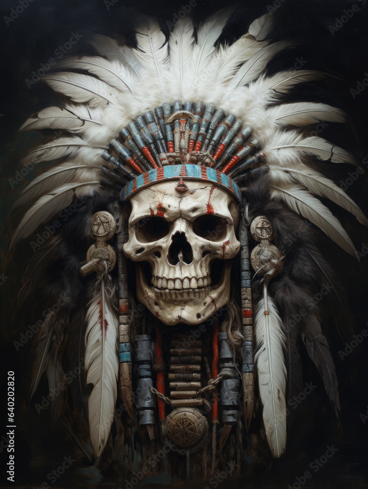 Indian skull with feathered headdress. Digital painting style.