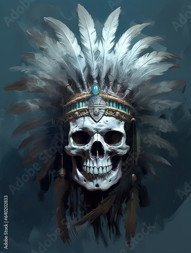 Indian skull with feathered headdress. Digital painting style. © Cridmax