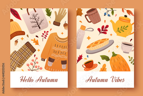 Colorful banners with autumn fallen leaves. Fall season autumn doodle elements. Hand drawn pumpkins, falling leaves, pie