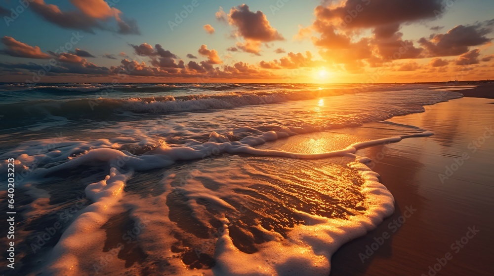 A beach sunrise with gentle waves lapping against the coast