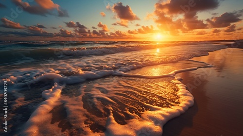 A beach sunrise with gentle waves lapping against the coast