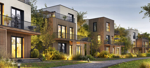 Evening view of the beautiful houses of modern architecture