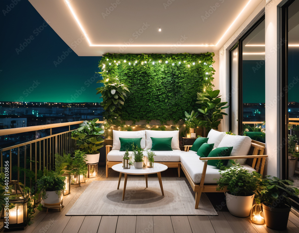 luxury home interior terrace at night